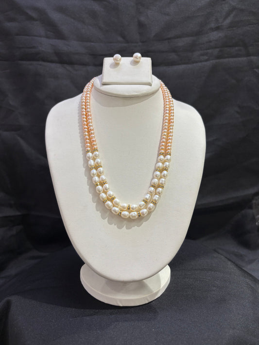 Luxury Triple Layer Freshwater Pearl Necklace Set with Peach Pearl Strands