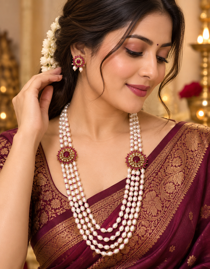 Ruby Red Stone Freshwater Pearl Multi-Strand Necklace Set