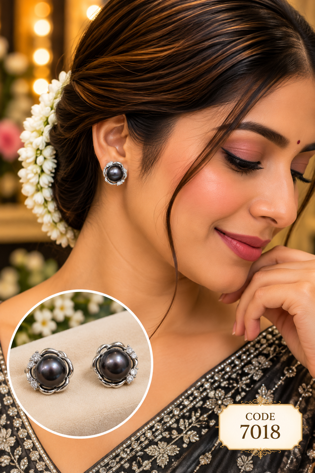 Black Pearl Floral Stud Earrings – Code 7018