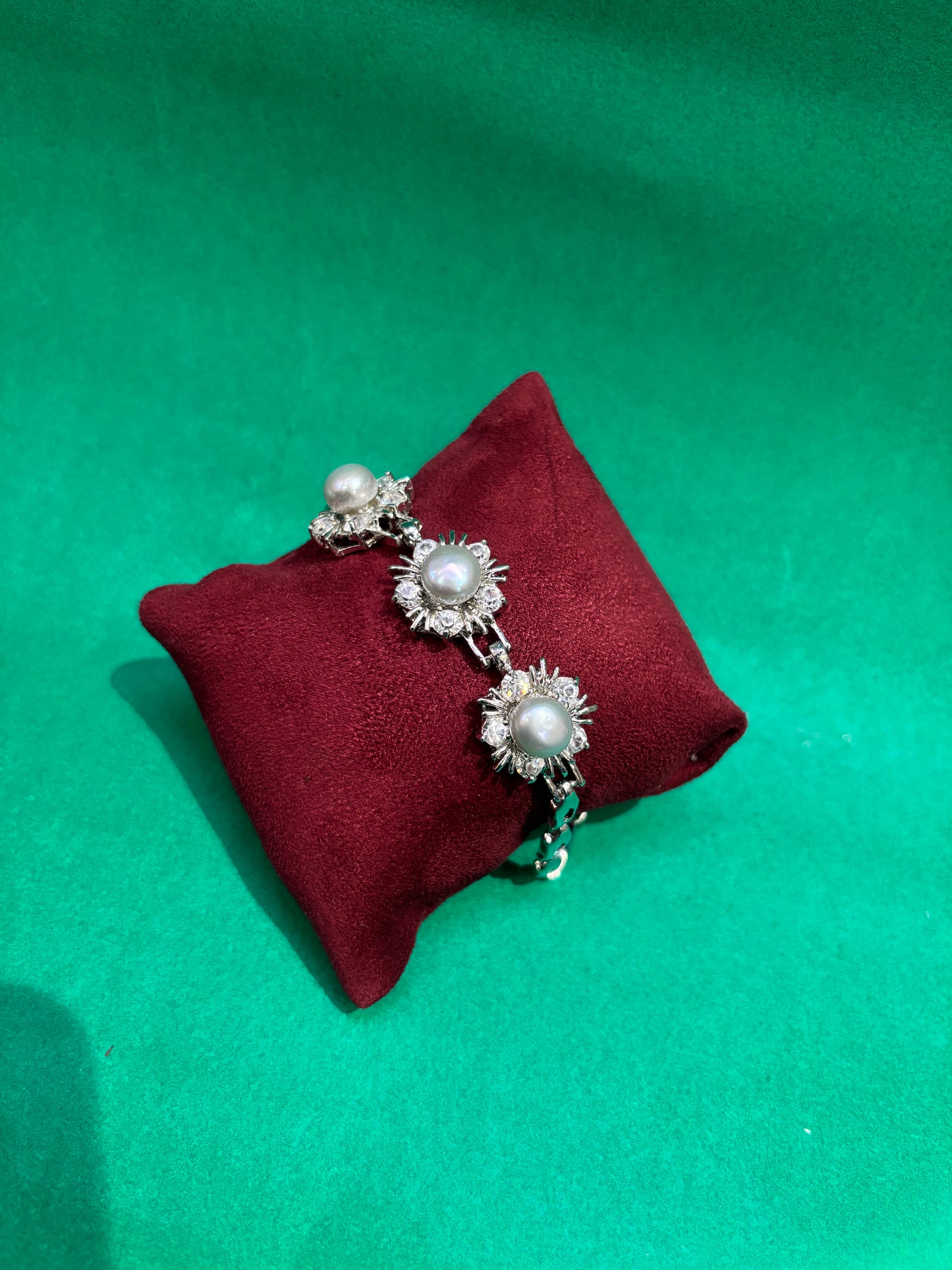 Pearl Floral Crystal Bracelet – Silver Finish