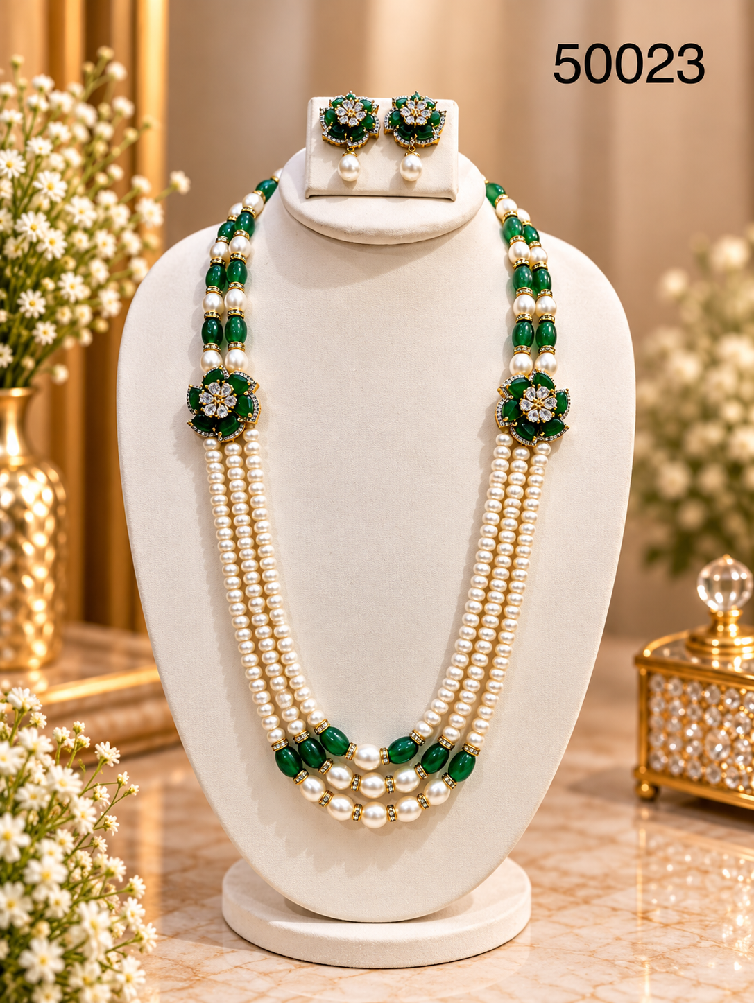 Green Stone & Freshwater Pearl Multi-Strand Necklace Set