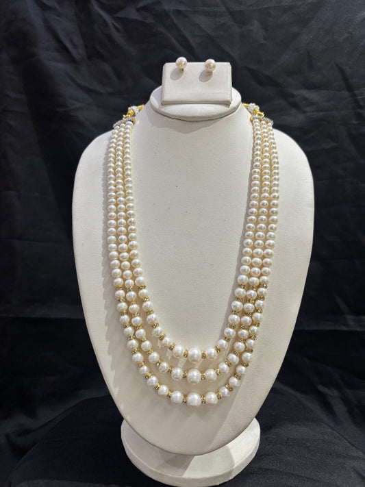 Premium 4-Line Freshwater Pearl Necklace Set with Matching Pearl Stud Earrings