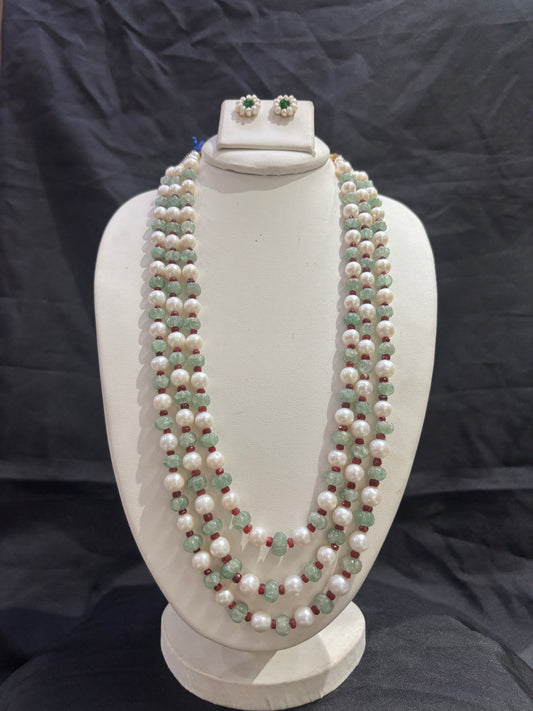 Elegant Freshwater Pearl & Green Aventurine 4-Line Necklace Set