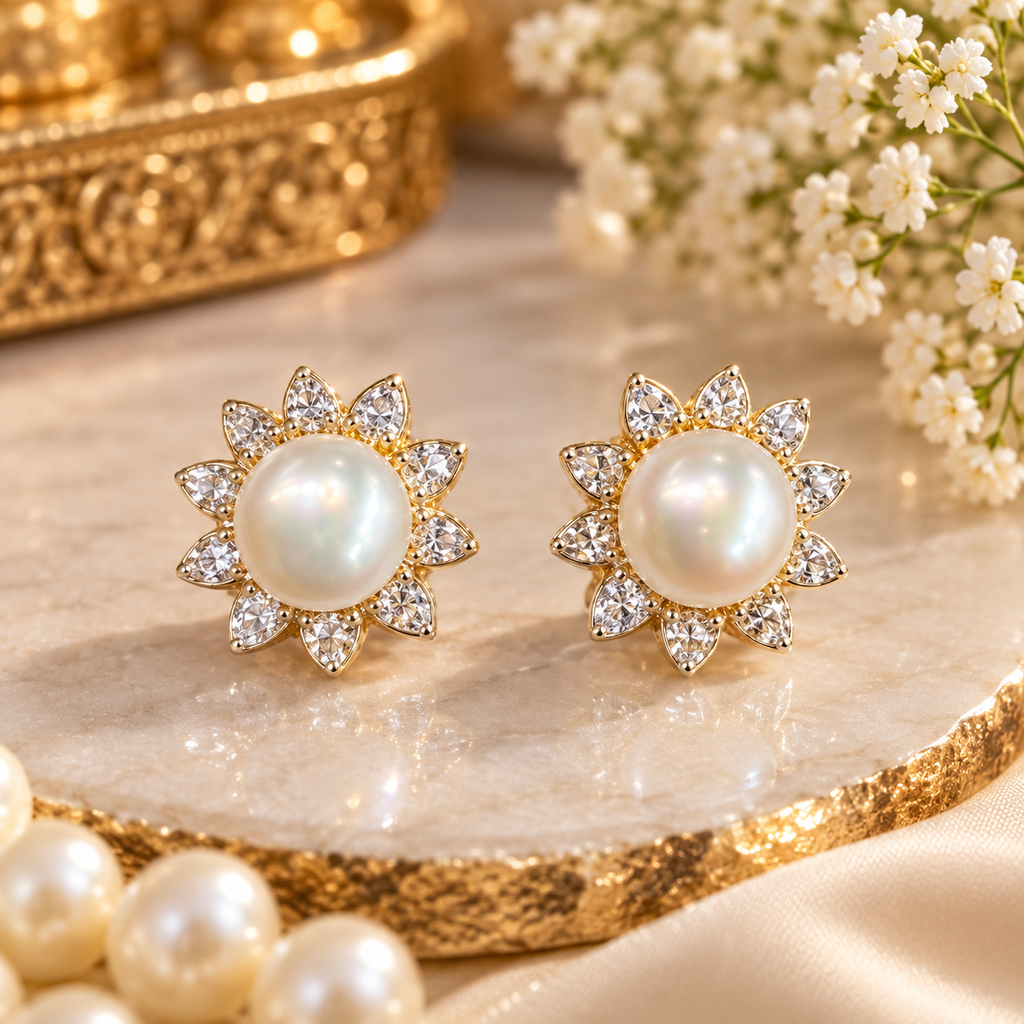 Pearl Floral Stud Earrings – Code 7002