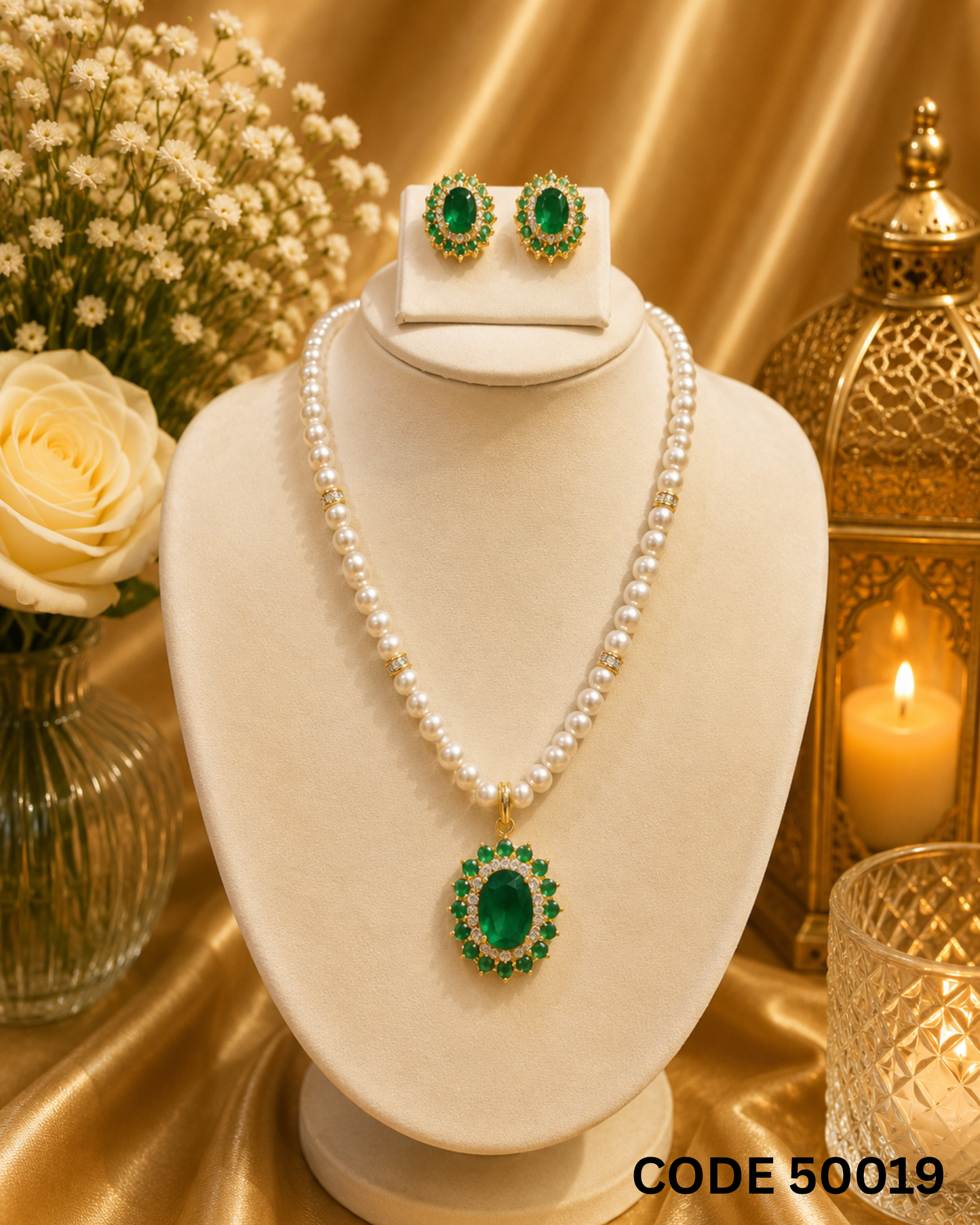 Freshwater Pearl Necklace Set with Emerald Green Halo Pendant – Code 50019
