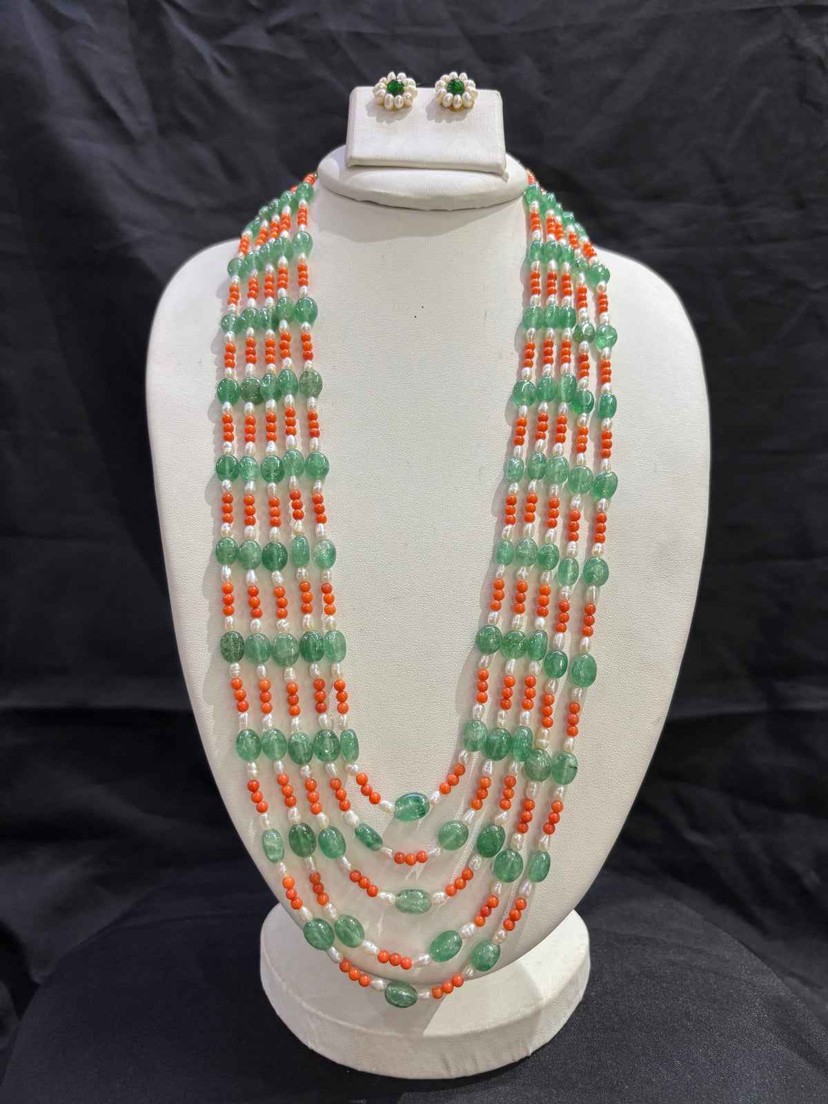 Green Aventurine, Coral & Freshwater Pearl 5-Line Necklace Set