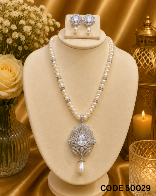 Elegant White Pearl Pendant Set with American Diamonds
