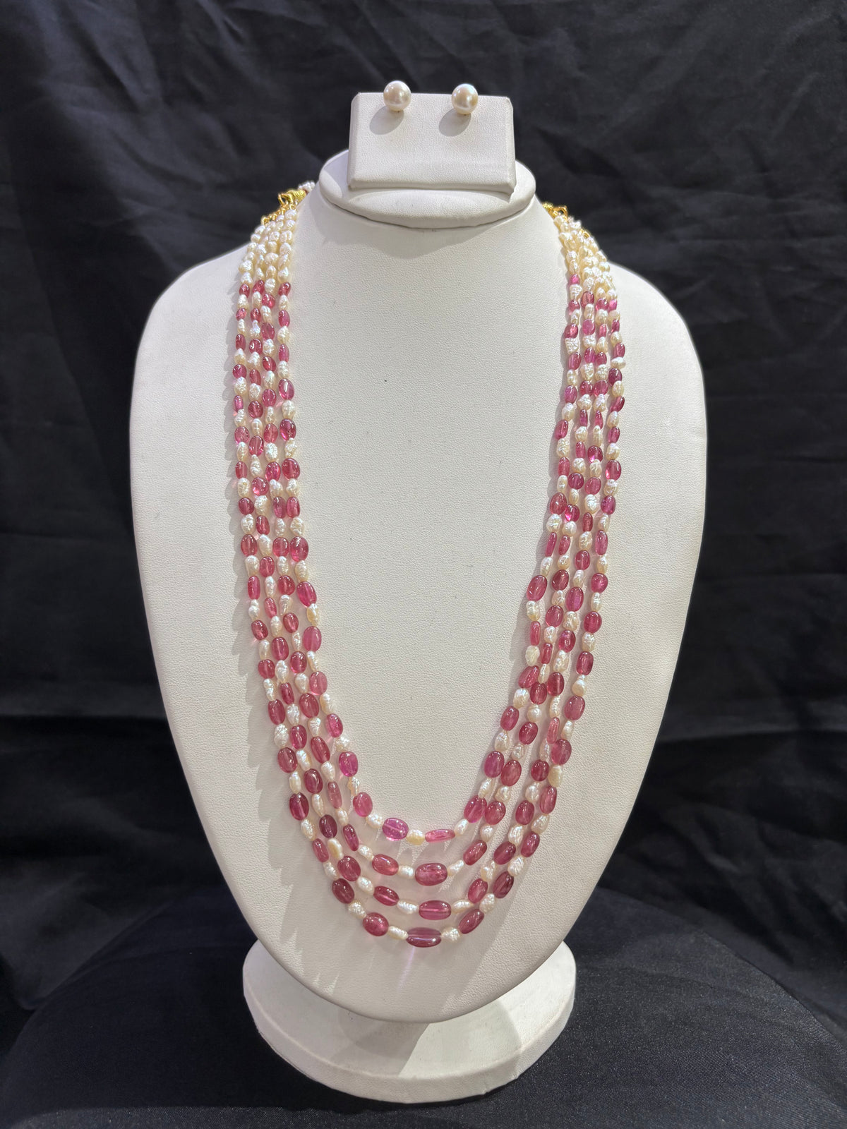 Pink Tourmaline & Freshwater Pearl 4-Line Necklace Set