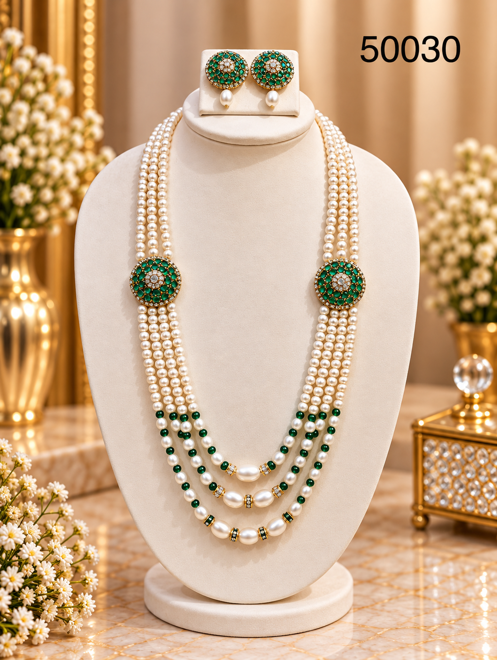 Green Pearl Multi-Strand Necklace Set with Emerald-Coloured Floral Motifs