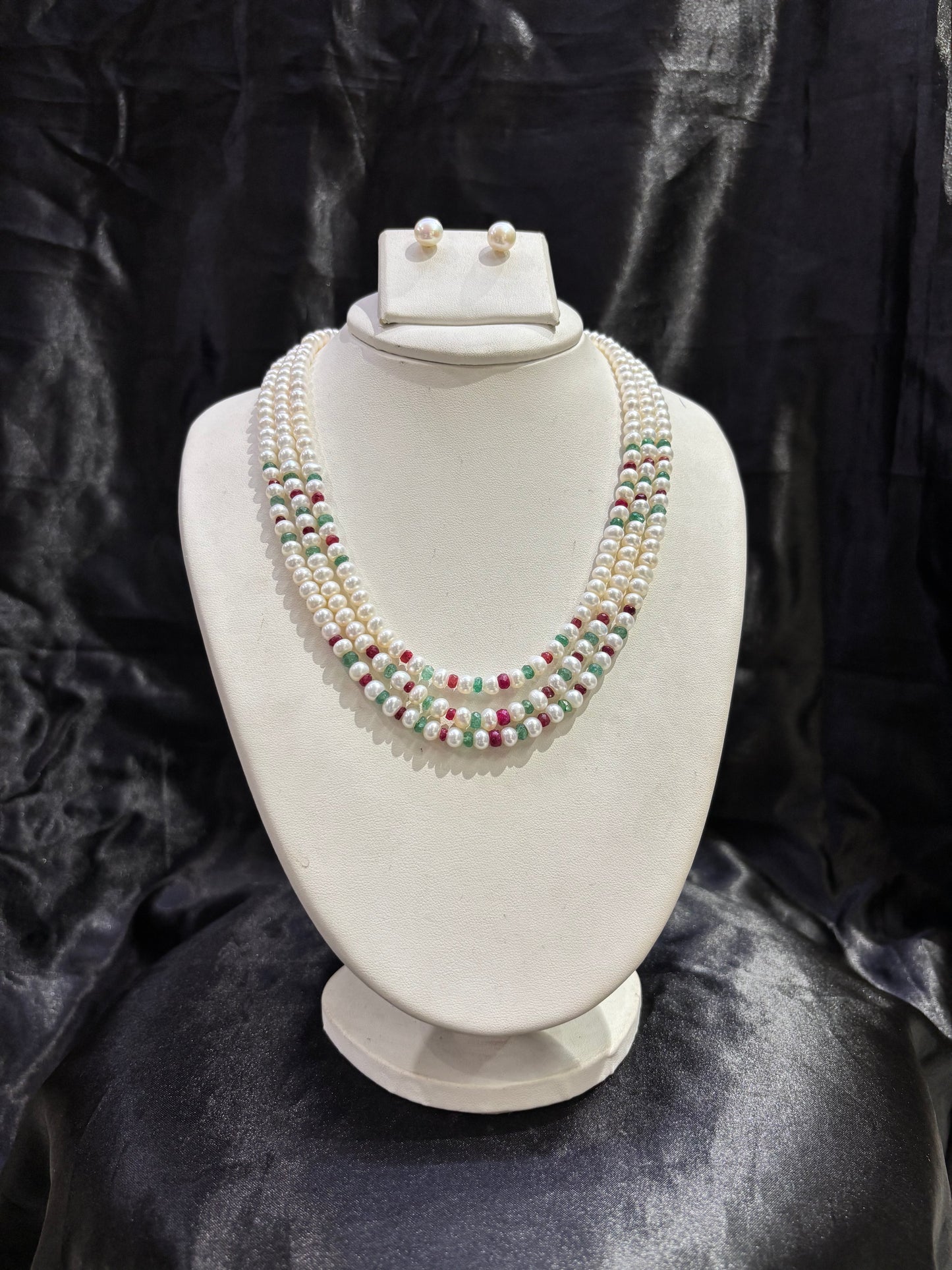 Luxury Triple Layer Pearl Necklace with Ruby & Emerald Accents