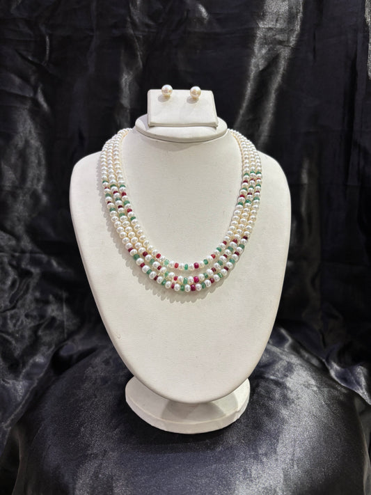 Luxury Triple Layer Pearl Necklace with Ruby & Emerald Accents