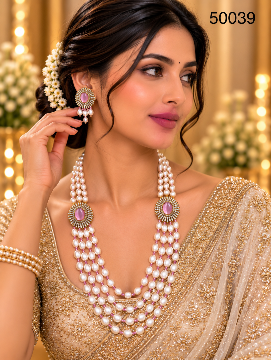 Pink Pearl Multi-Strand Necklace Set with Oval Pink Stones
