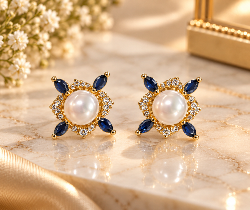 Blue Stone & Pearl Stud Earrings – Code 7025