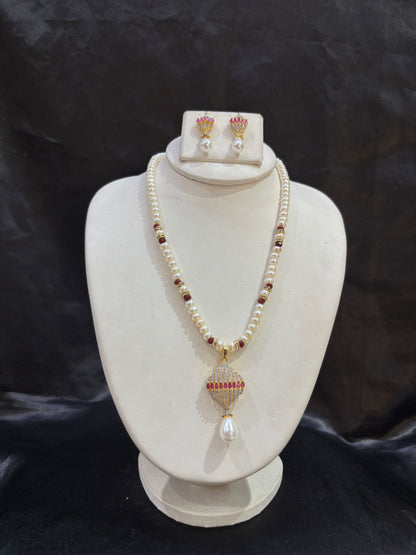 Freshwater Pearl Necklace Set with Ruby Pink CZ Pendant – Code 50013