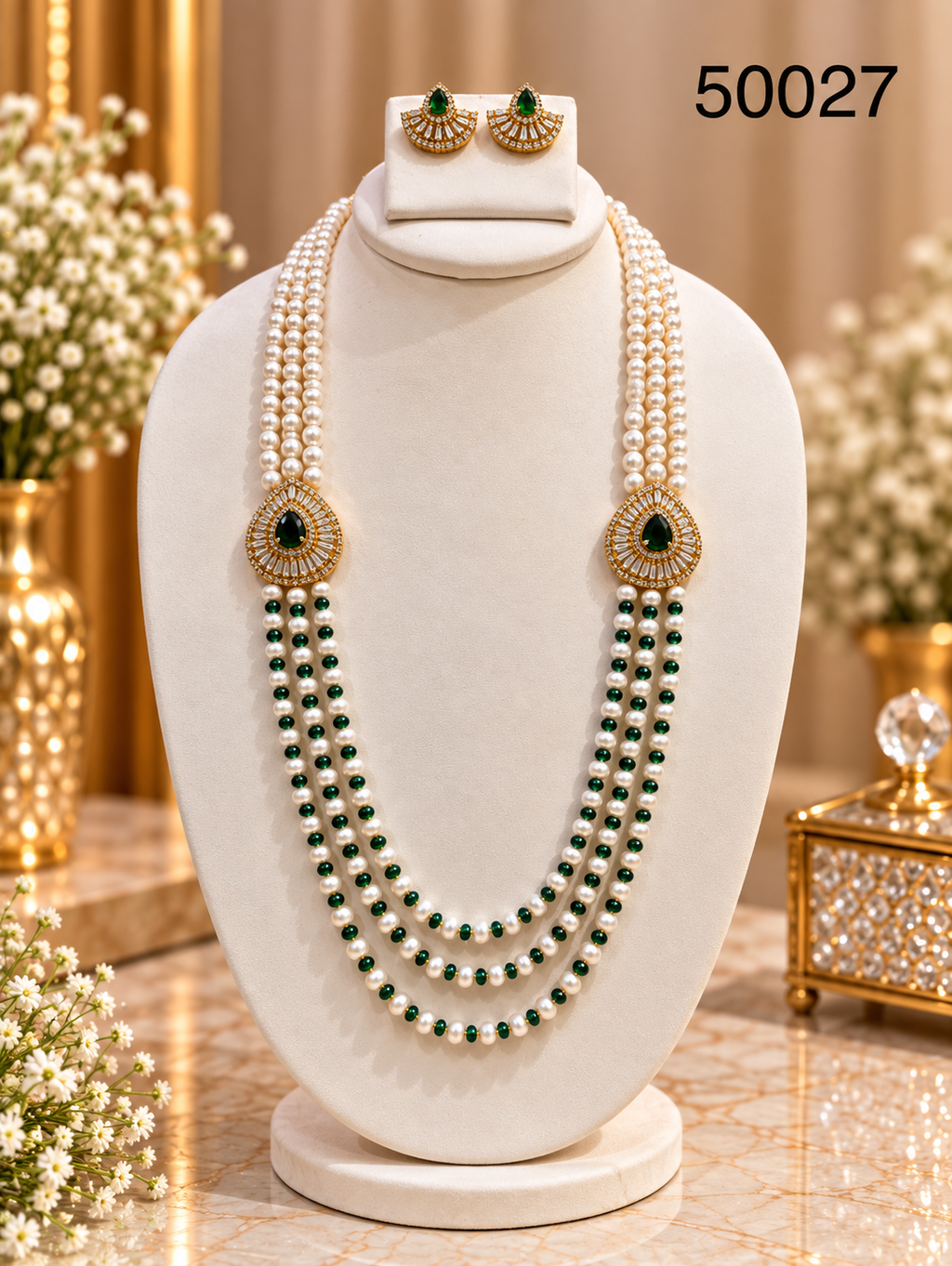 White & Green Pearl Multi-Strand Necklace Set
