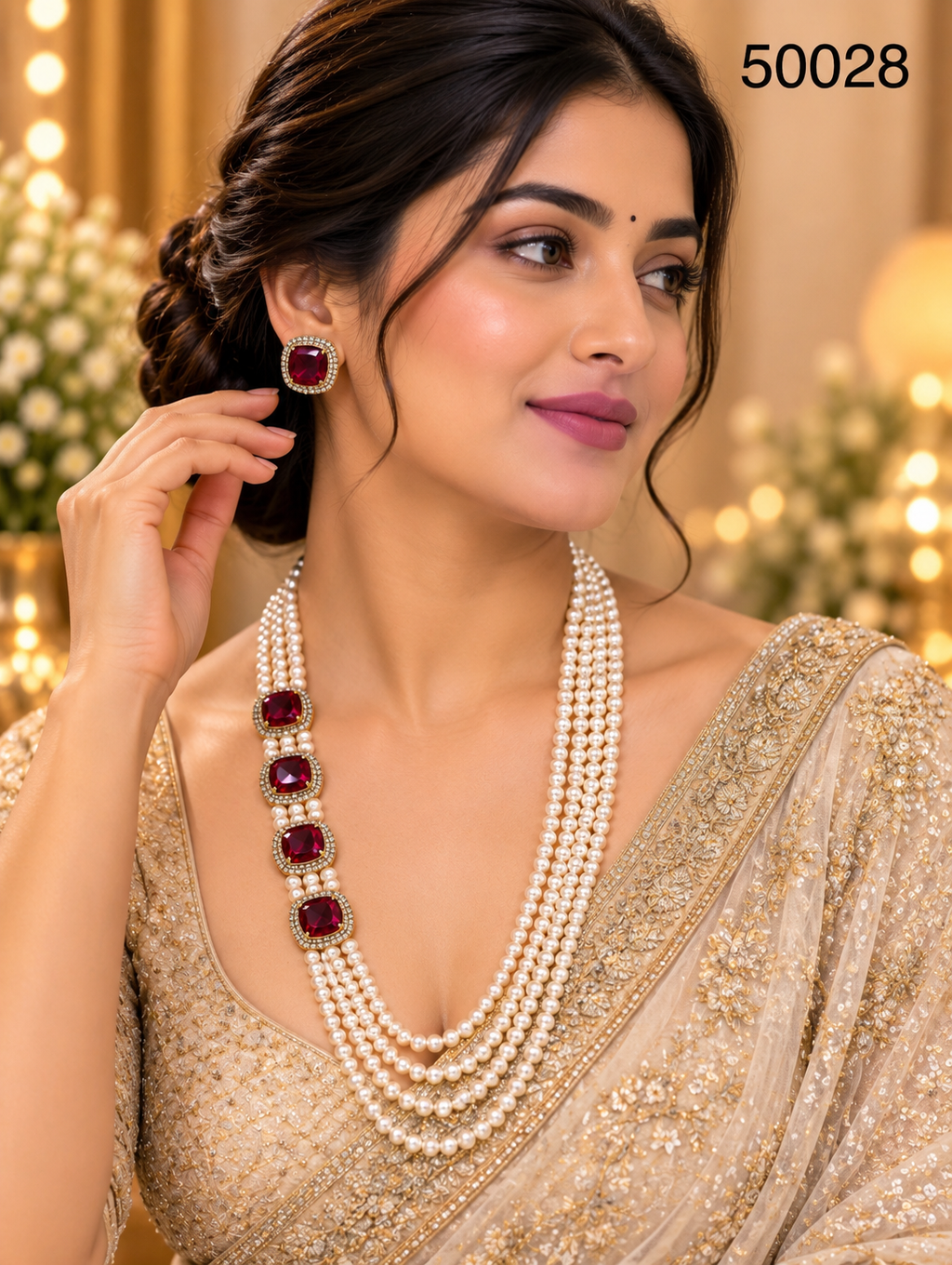 White Pearl Multi-Strand Necklace Set with Ruby-Coloured Stones