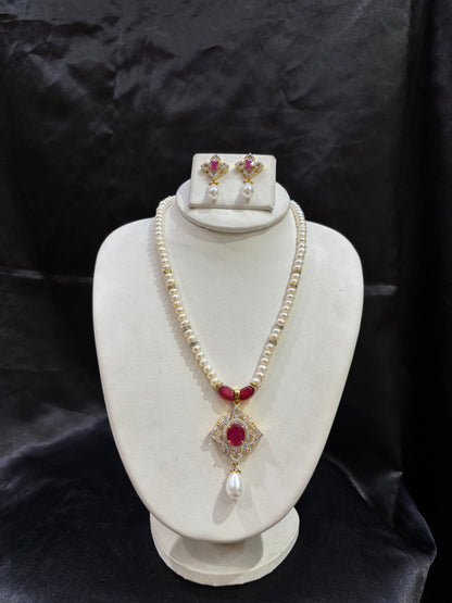 Ruby Red Stone Freshwater Pearl Pendant Necklace Set – Code 50007