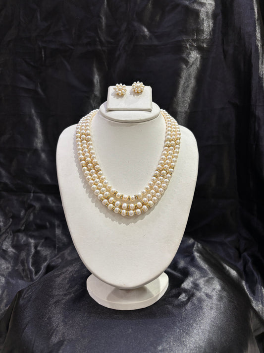 Luxury Triple Layer Pearl Necklace Set with Crystal Spacers