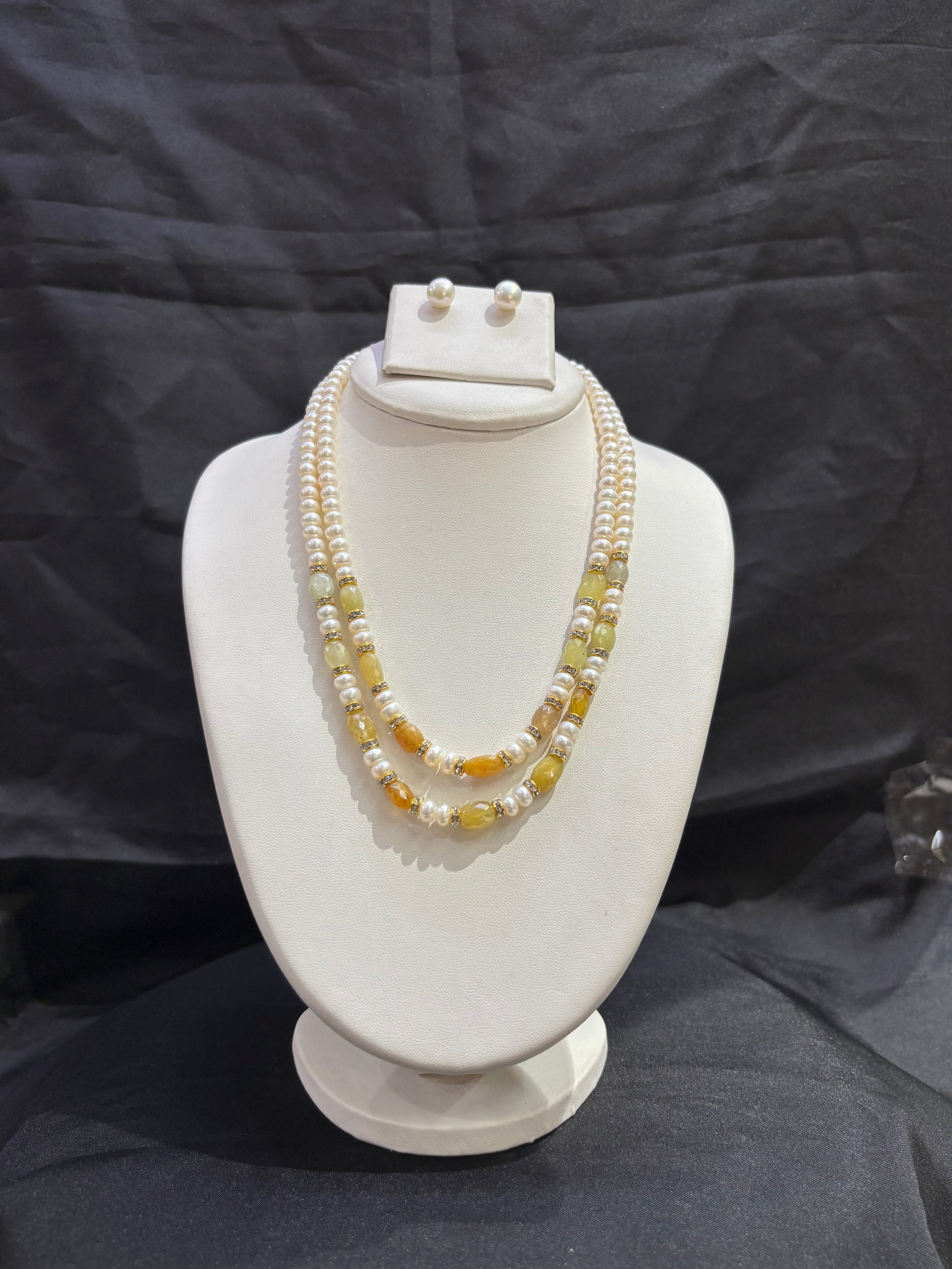 Citrine & Freshwater Pearl Double Layer Necklace Set