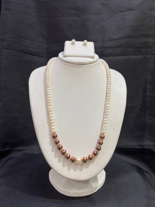 White Pearl Necklace with Burgundy Pearl Accents Set