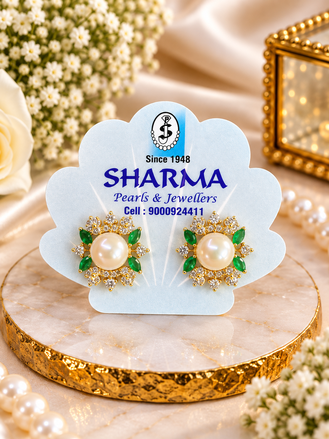 Green & Pearl Floral Stud Earrings – Code 7029