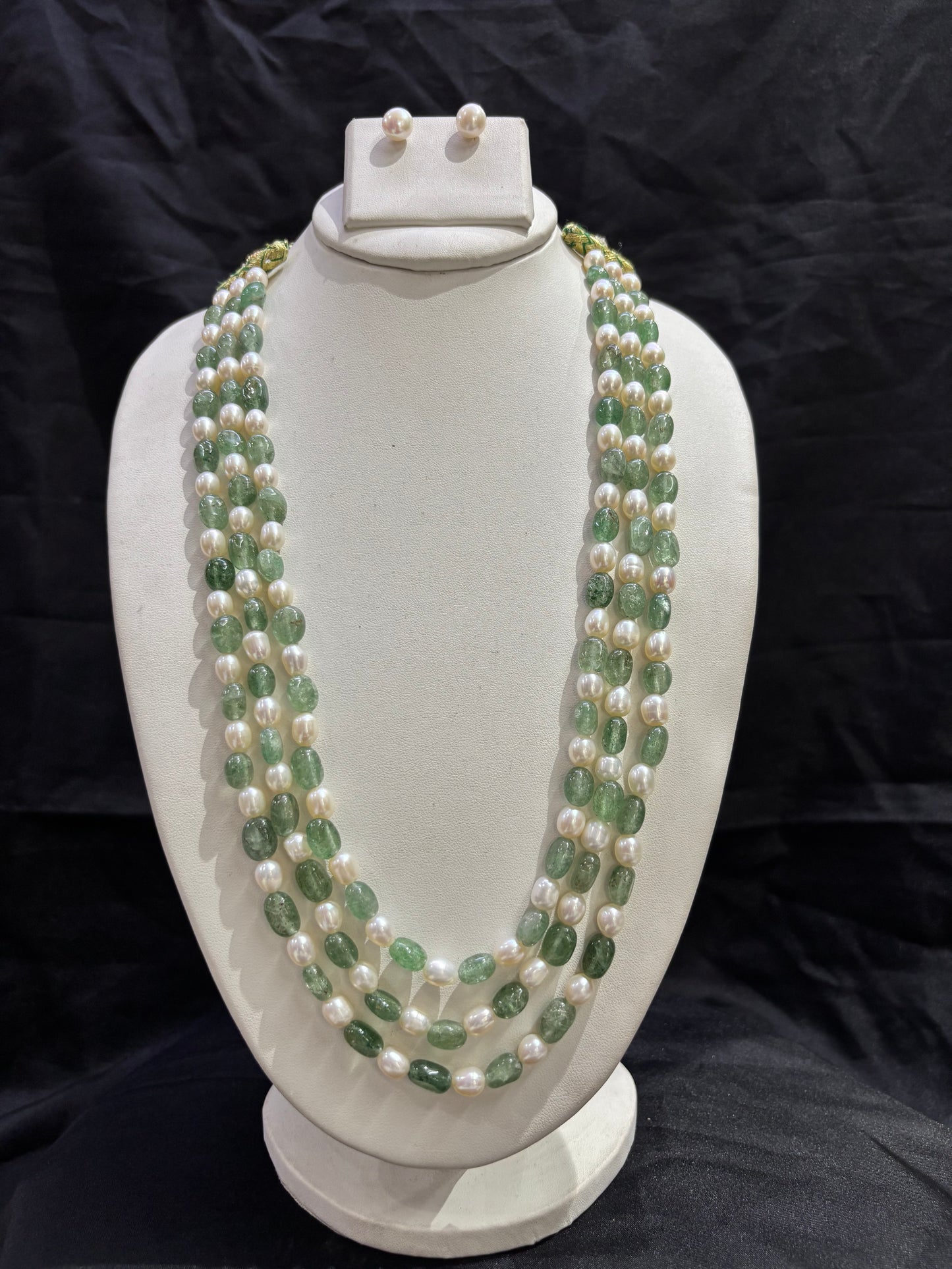 Elegant Green Stone & Freshwater Pearl 3-Line Necklace Set