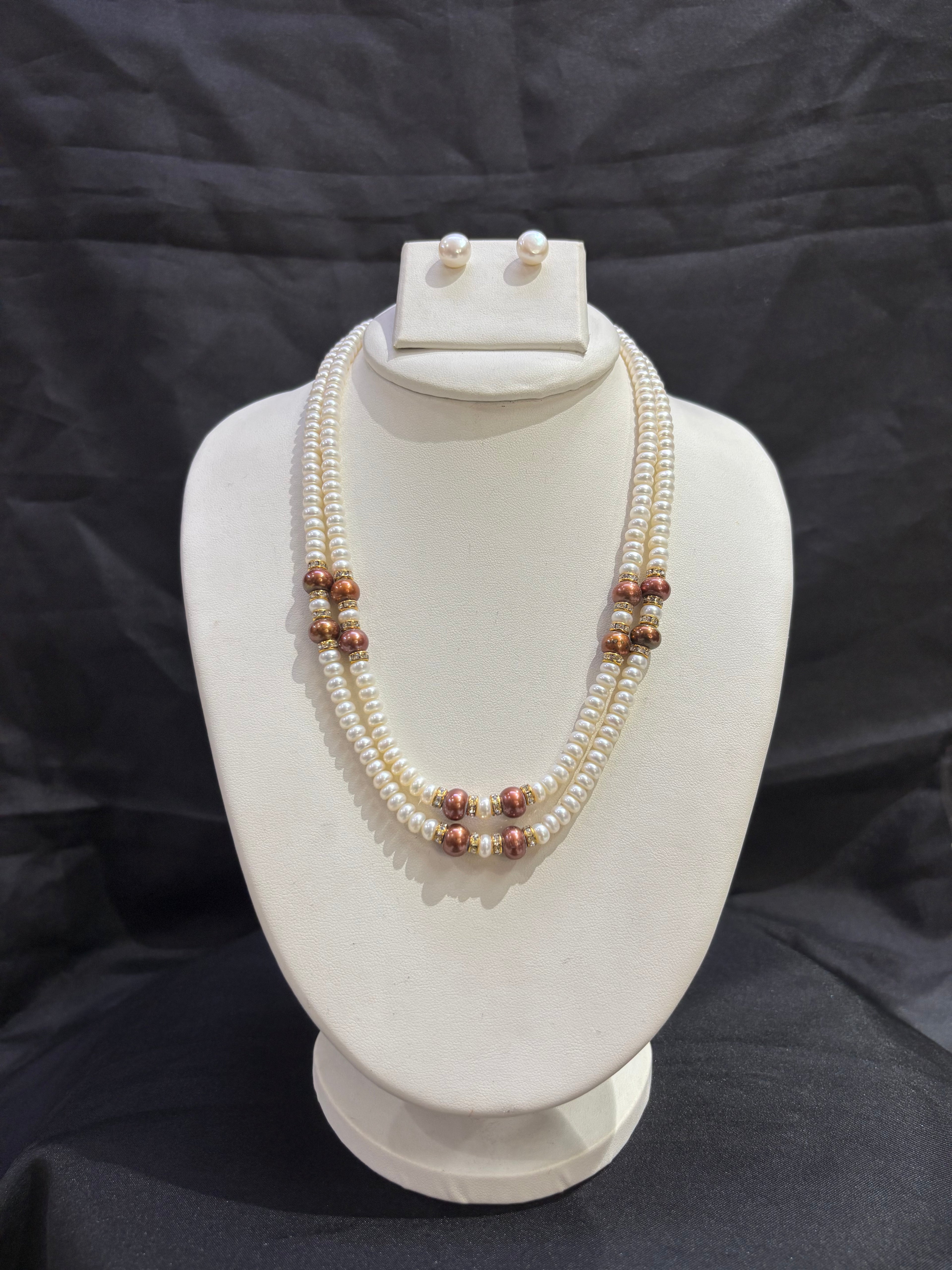 Double Layer Freshwater Pearl Necklace Set with Copper Pearl Accents