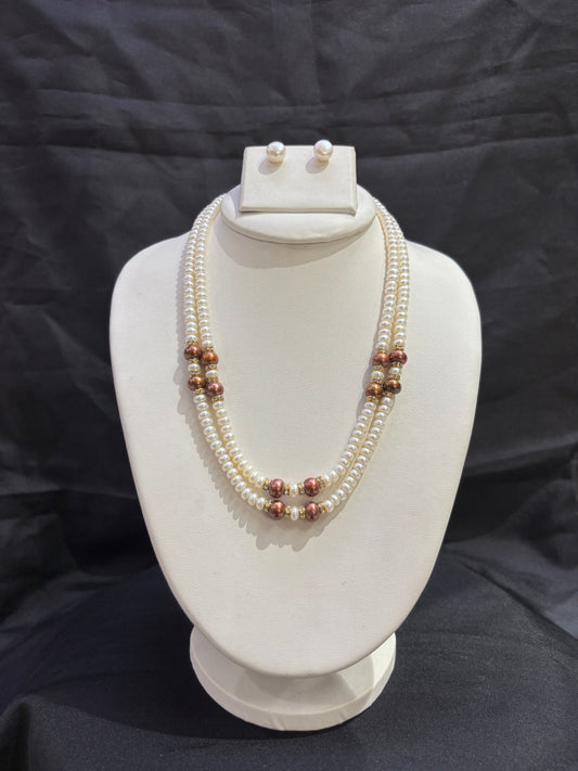 Double Layer Freshwater Pearl Necklace Set with Copper Pearl Accents