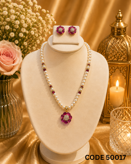 Freshwater Pearl Necklace Set with Ruby Floral Pendant – Code 50017