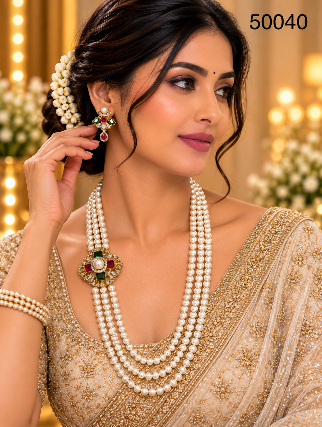 Multicolor Pearl Multi-Strand Necklace Set with Ruby & Emerald Accents