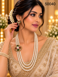 Multicolor Pearl Multi-Strand Necklace Set with Ruby & Emerald Accents
