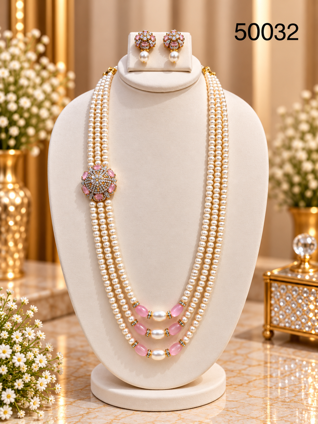 Pink Pearl Multi-Strand Necklace Set with Floral Designer Motif