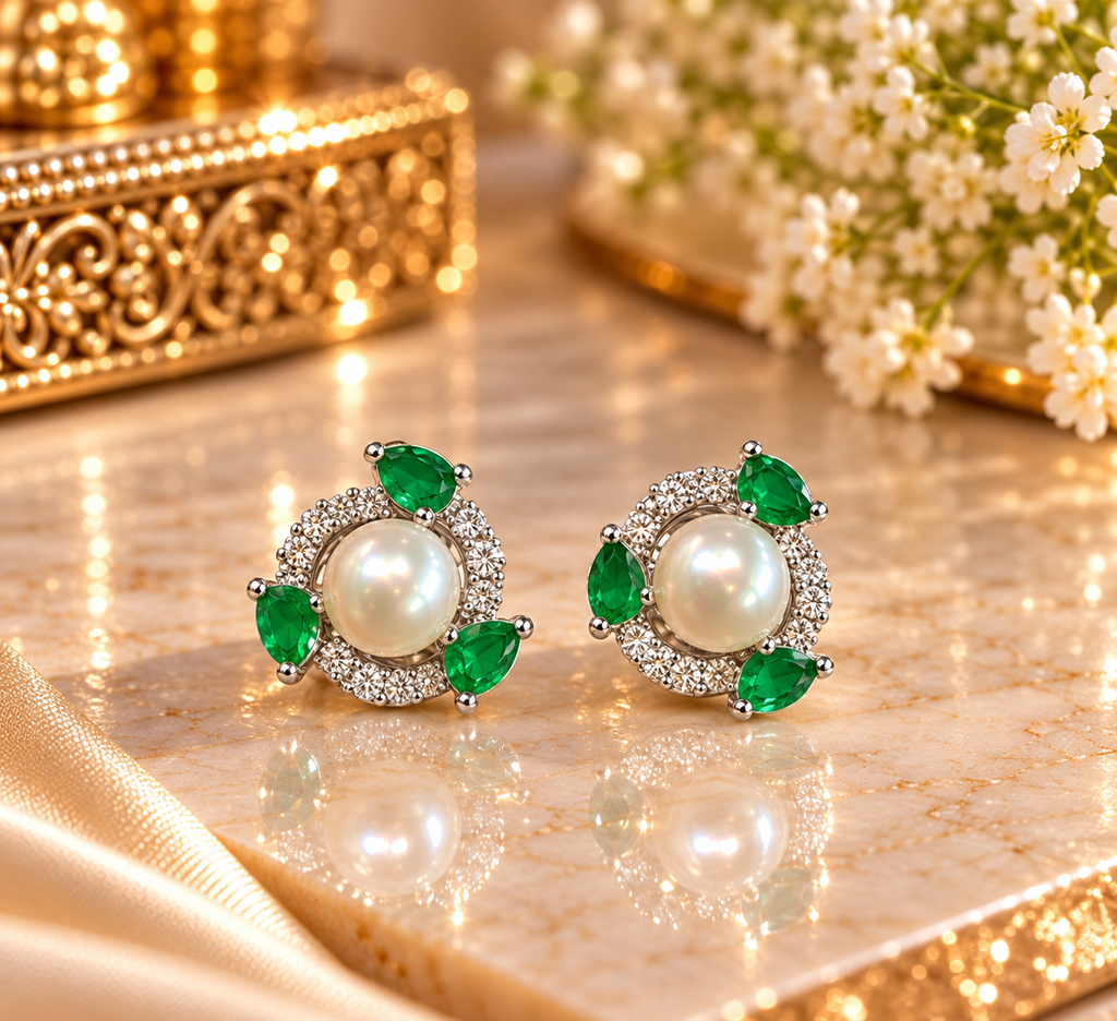Green Stone Pearl Stud Earrings – Code 7012