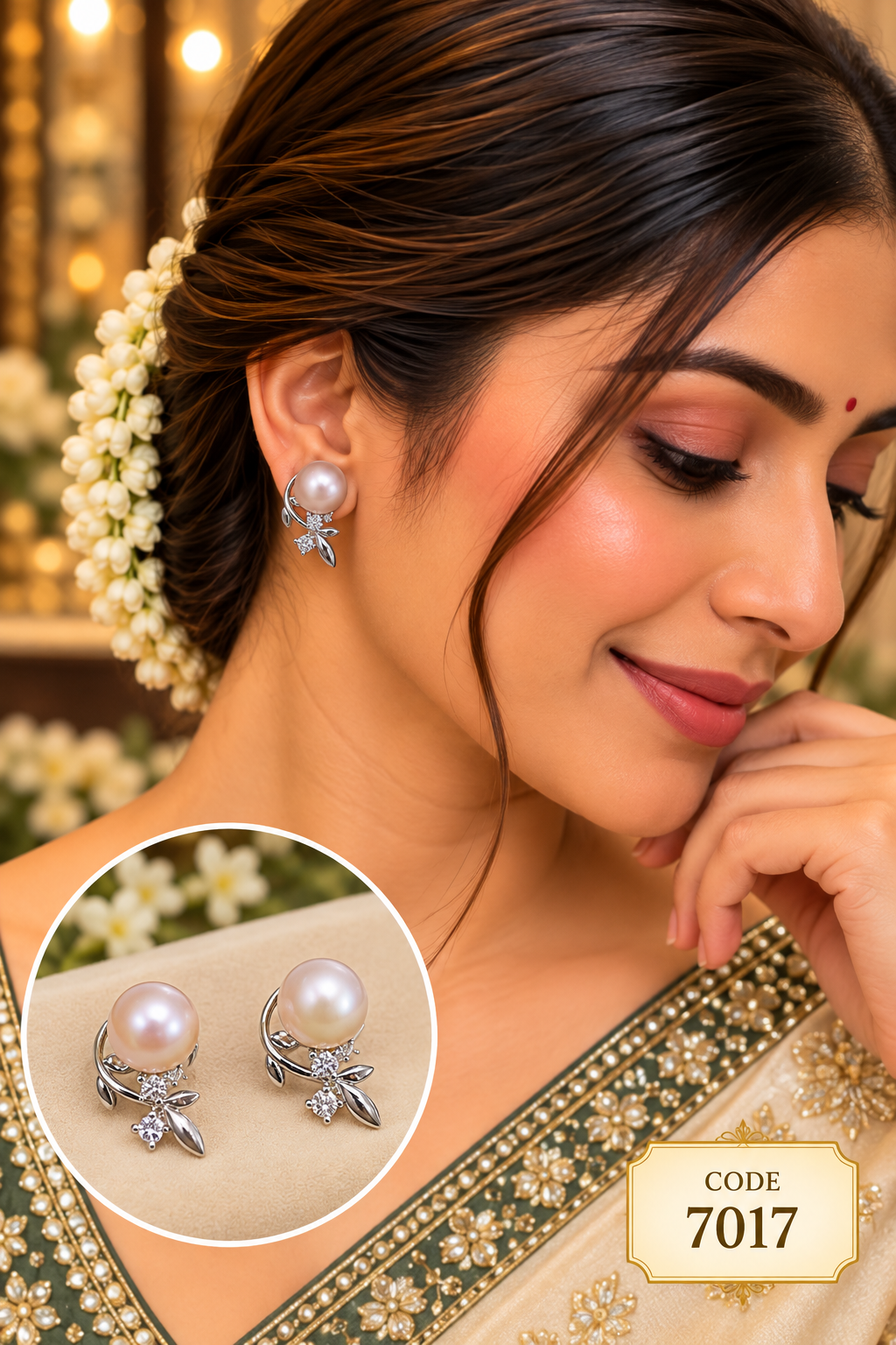 Pearl Leaf Floral Stud Earrings – Code 7017