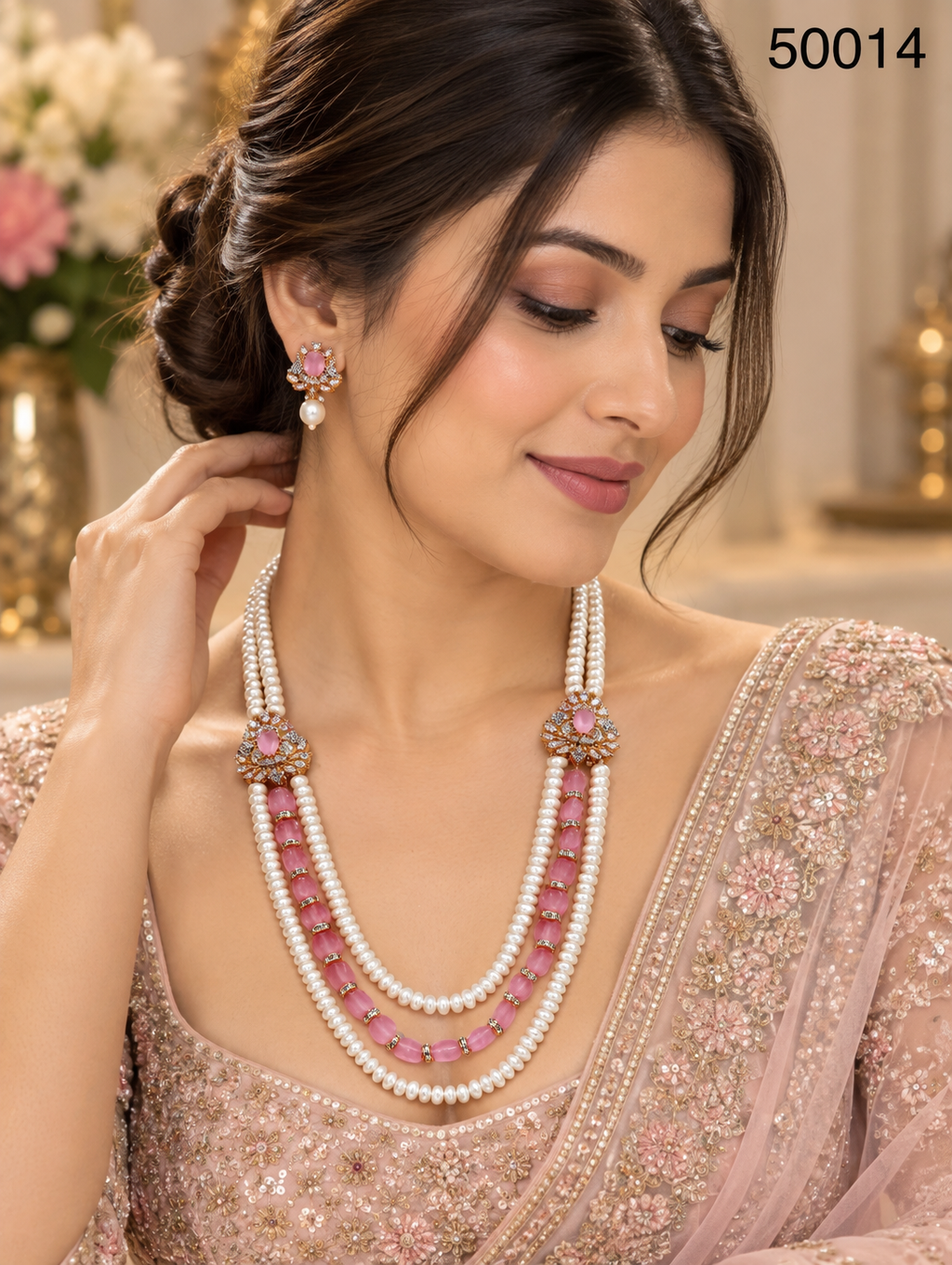 Pink Stone Freshwater Pearl Multi-Strand Necklace Set