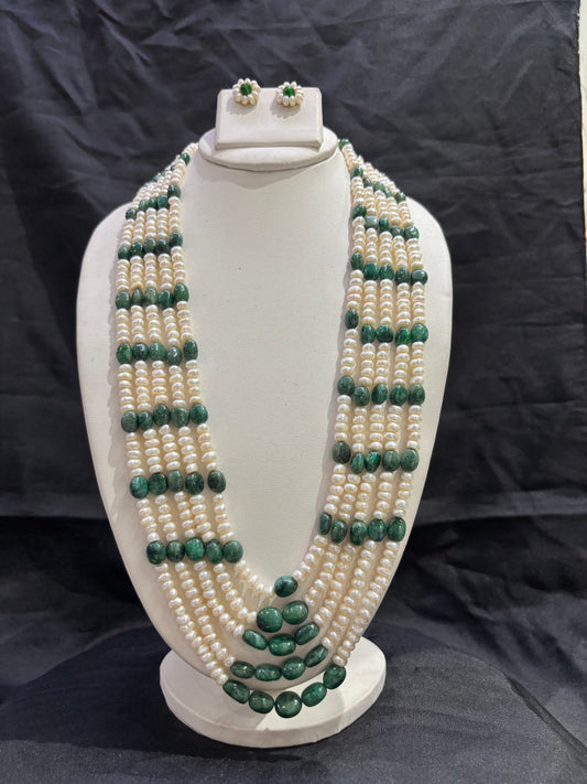 Luxury 5-Line Freshwater Pearl & Green Jade Necklace Set