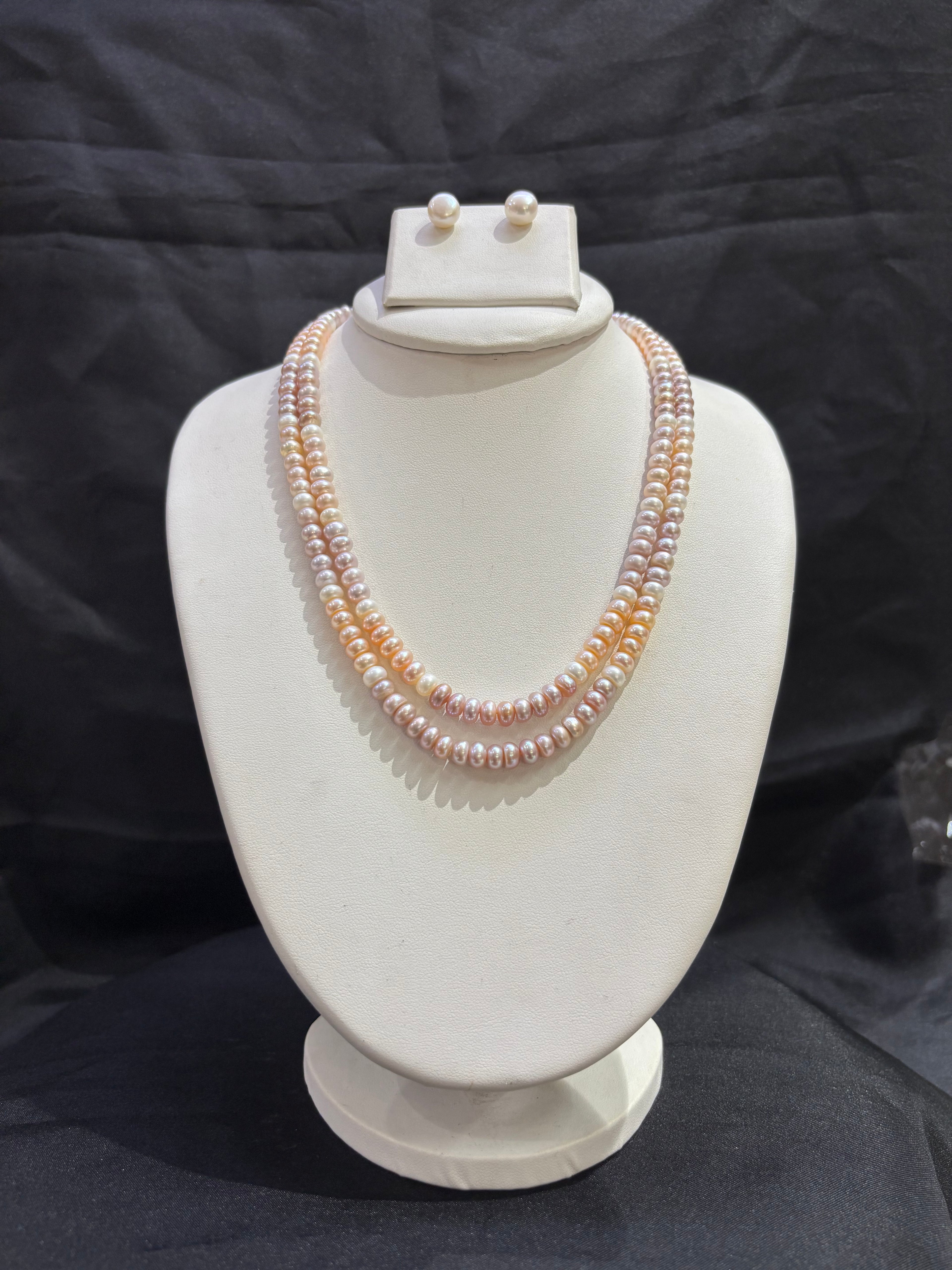 Elegant Double Layer Pink Freshwater Pearl Necklace Set