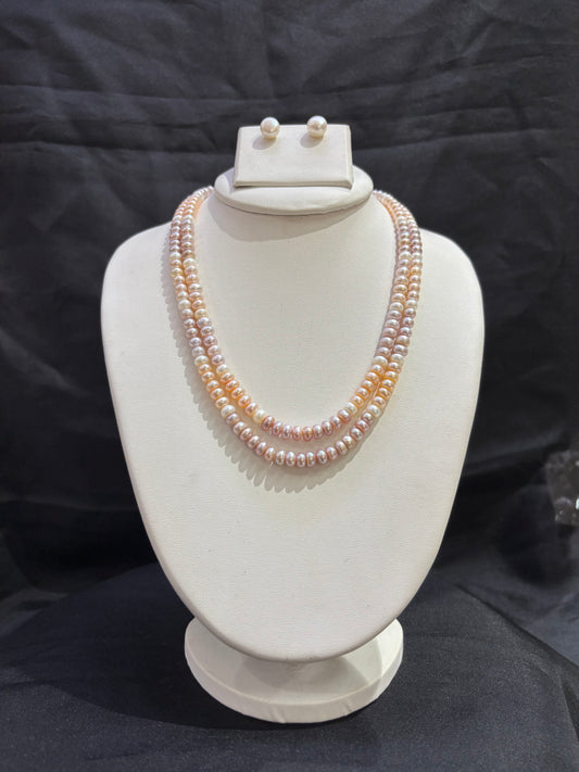Elegant Double Layer Pink Freshwater Pearl Necklace Set