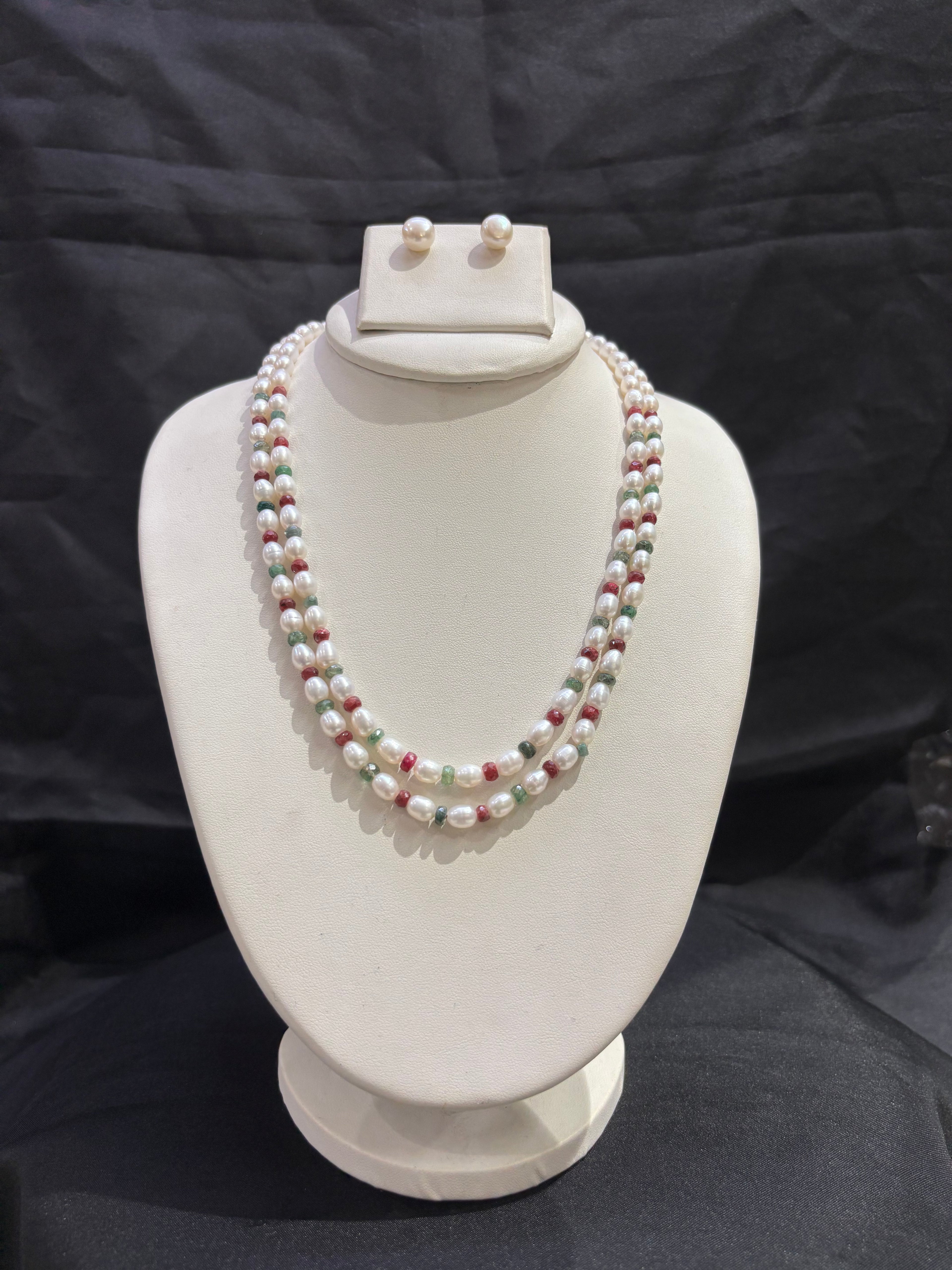 Double Layer Freshwater Pearl Necklace Set with Ruby & Emerald Accents