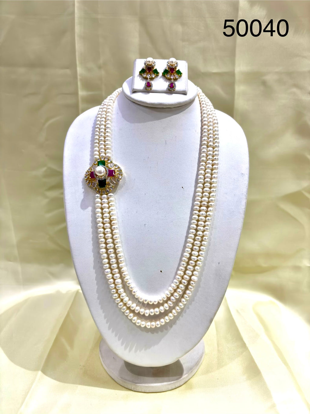 Multicolor Pearl Multi-Strand Necklace Set with Ruby & Emerald Accents