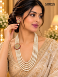 White Pearl Multi-Strand Necklace Set with Ruby-Coloured Floral Motifs