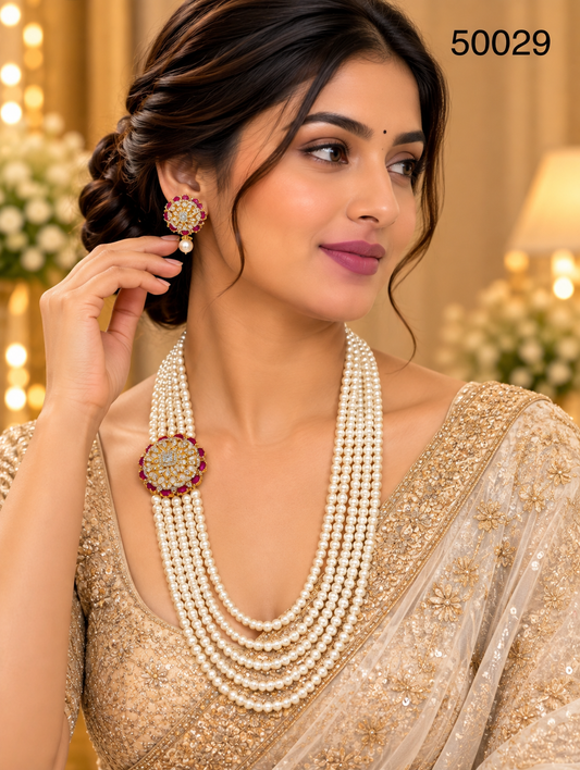 White Pearl Multi-Strand Necklace Set with Ruby-Coloured Floral Motifs