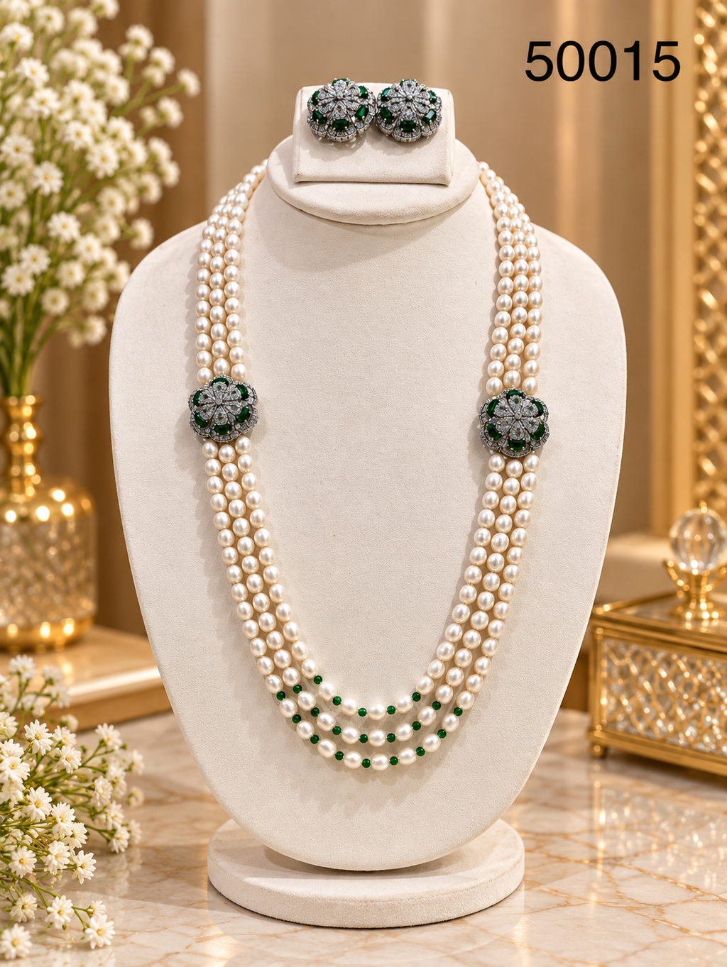 Green Stone Freshwater Pearl Multi-Strand Necklace Set