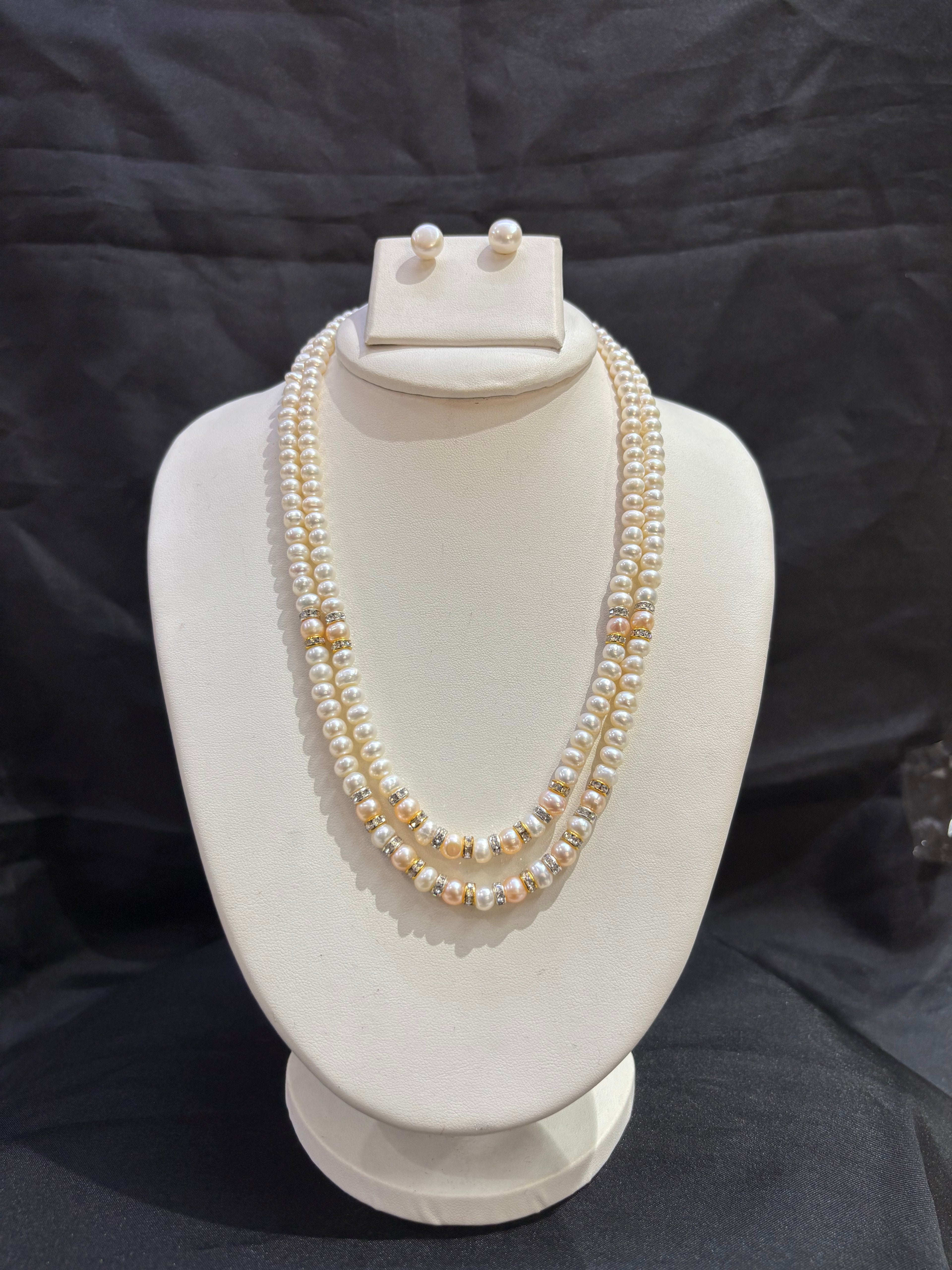 Elegant Double Layer Freshwater Pearl Necklace Set with Crystal Spacers