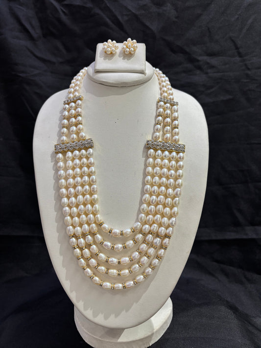 Luxury 5-Line Freshwater Pearl Necklace Set with Crystal Bars