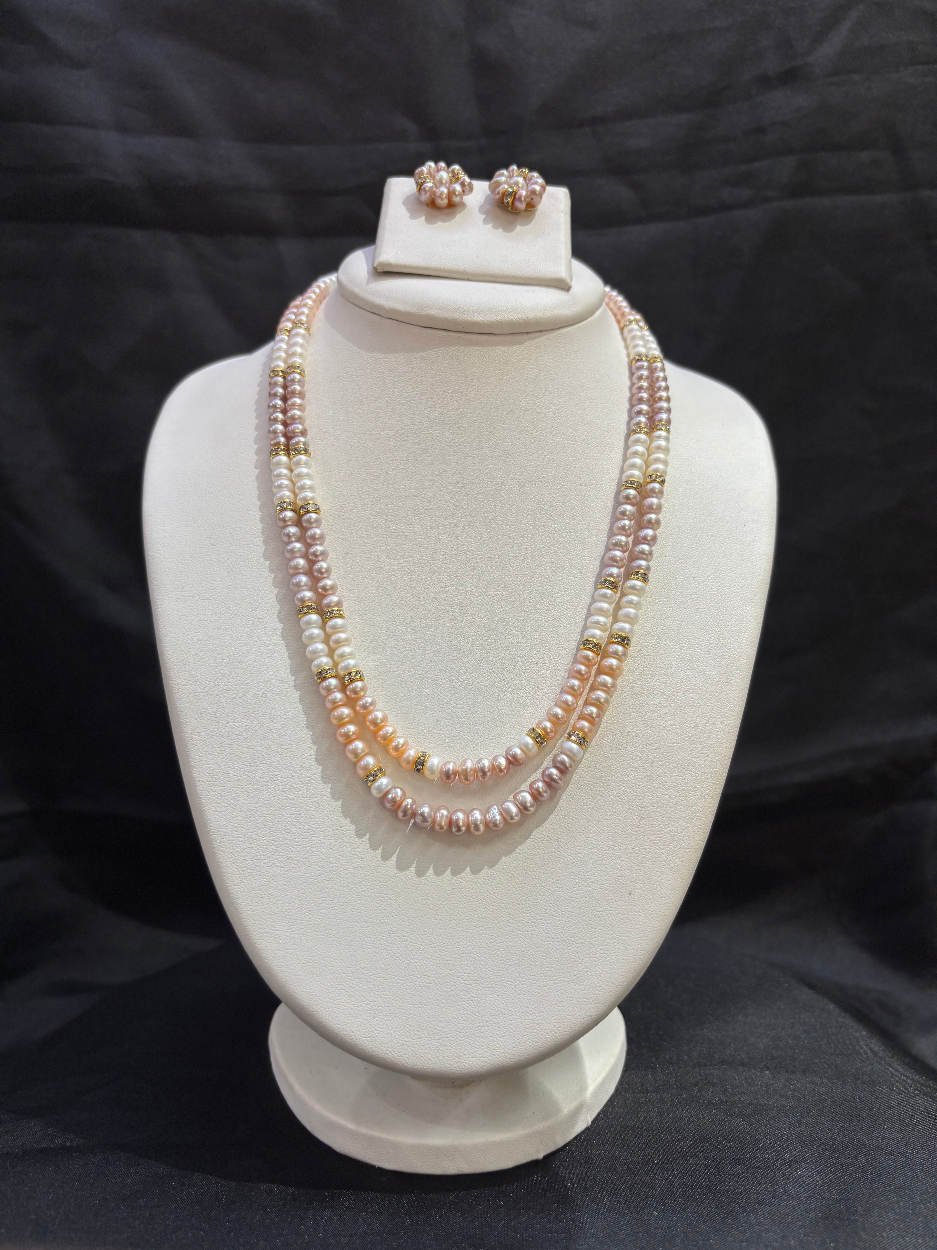 Triple Tone Double Layer Freshwater Pearl Necklace Set