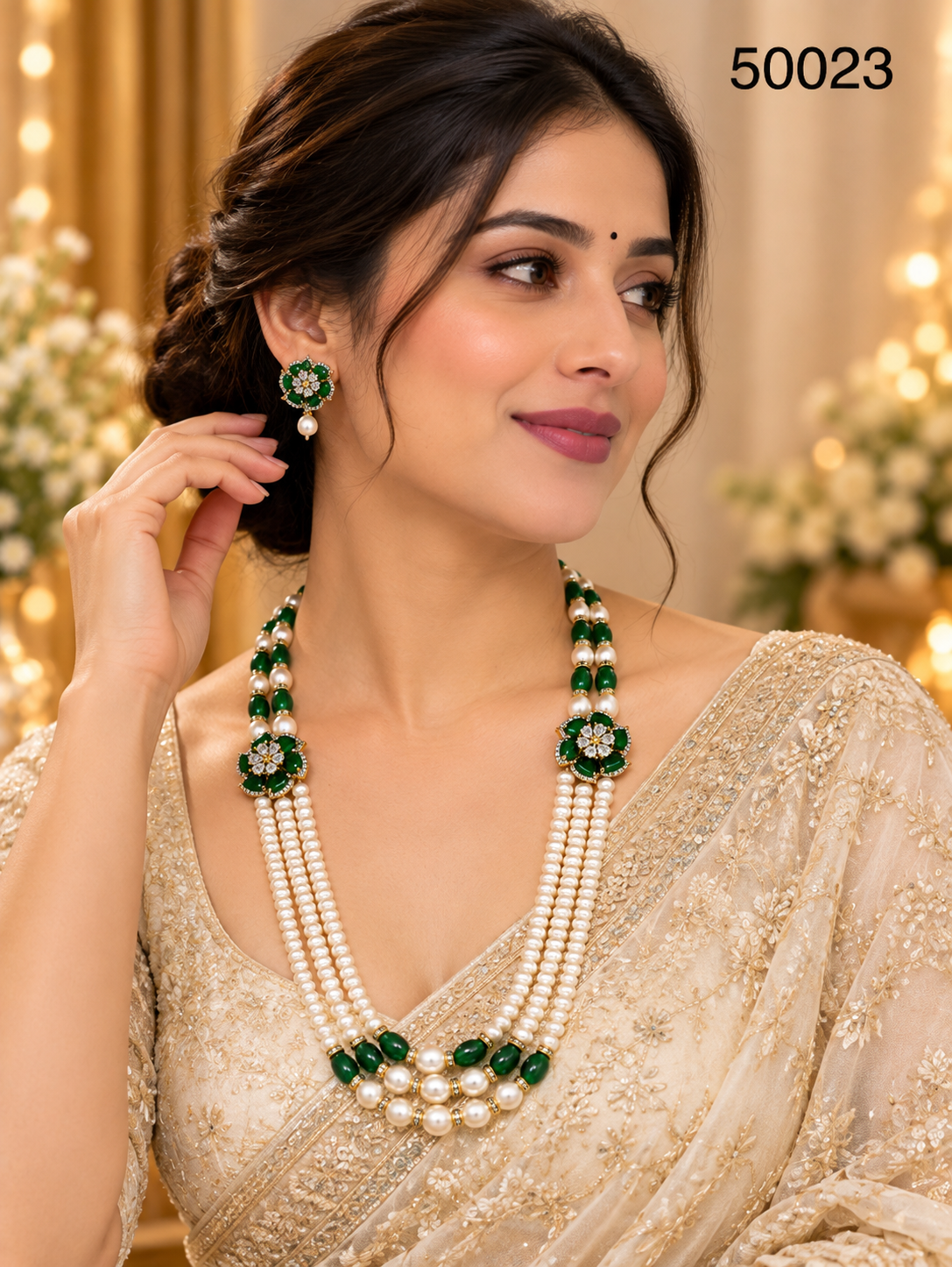 Green Stone & Freshwater Pearl Multi-Strand Necklace Set