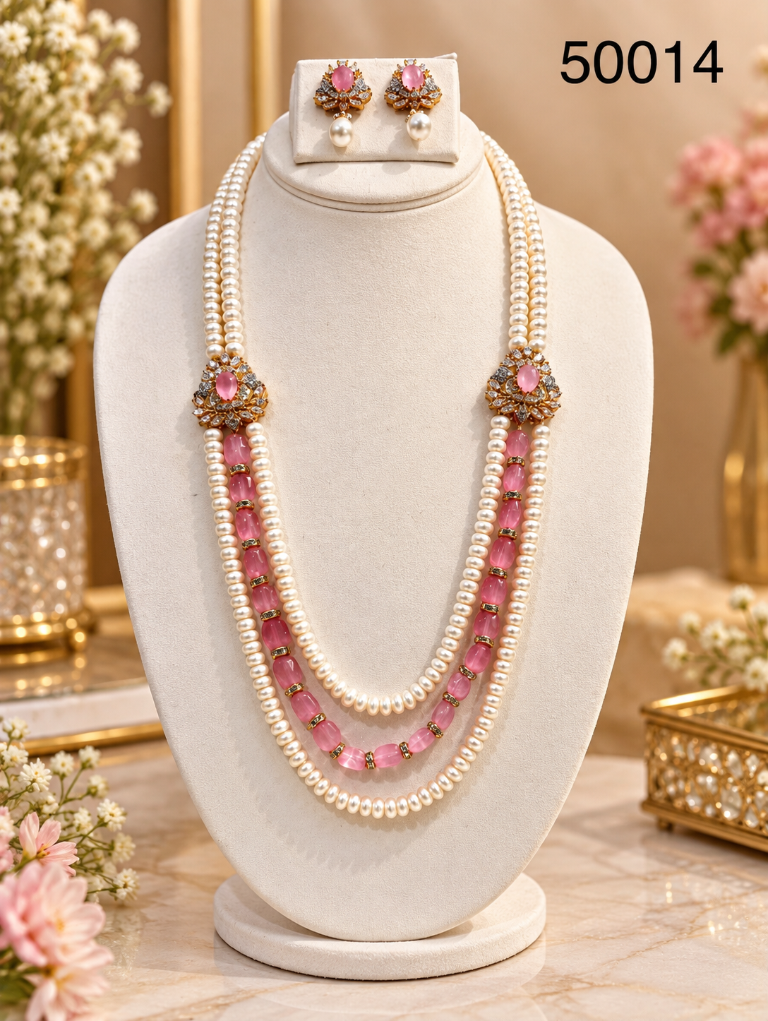 Pink Stone Freshwater Pearl Multi-Strand Necklace Set