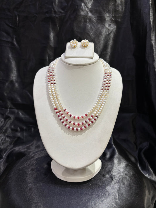 Elegant Triple Layer Pearl & Ruby Bead Necklace Set