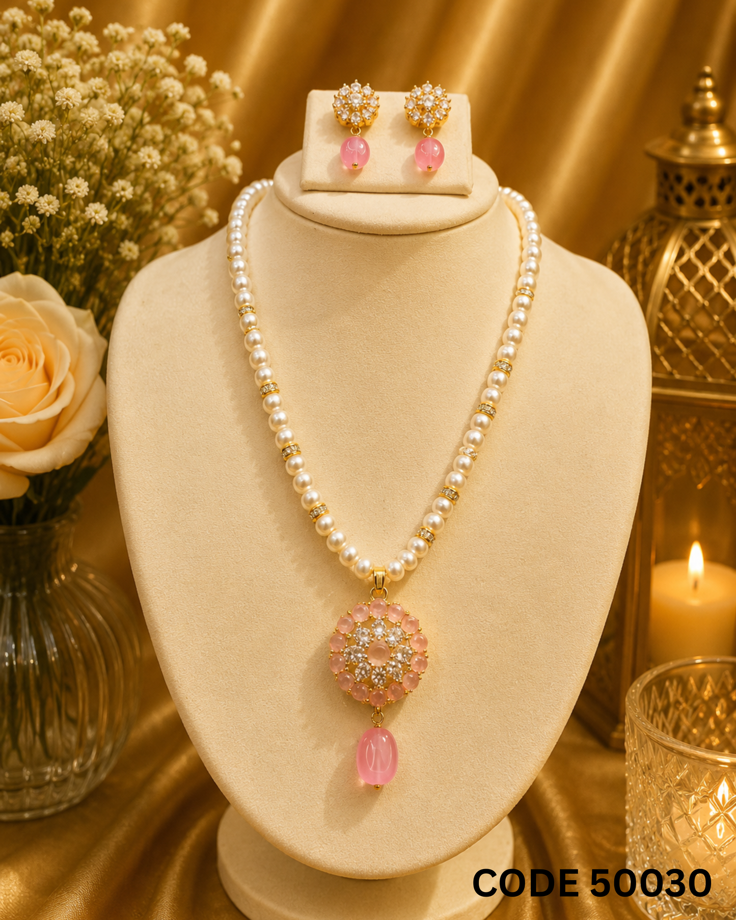 Pink Stone Pearl Pendant Set